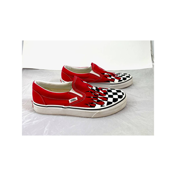 Vans Other - Vans Classic Slip On Red With Checkerboad Flames Men 6 Women 7.5
